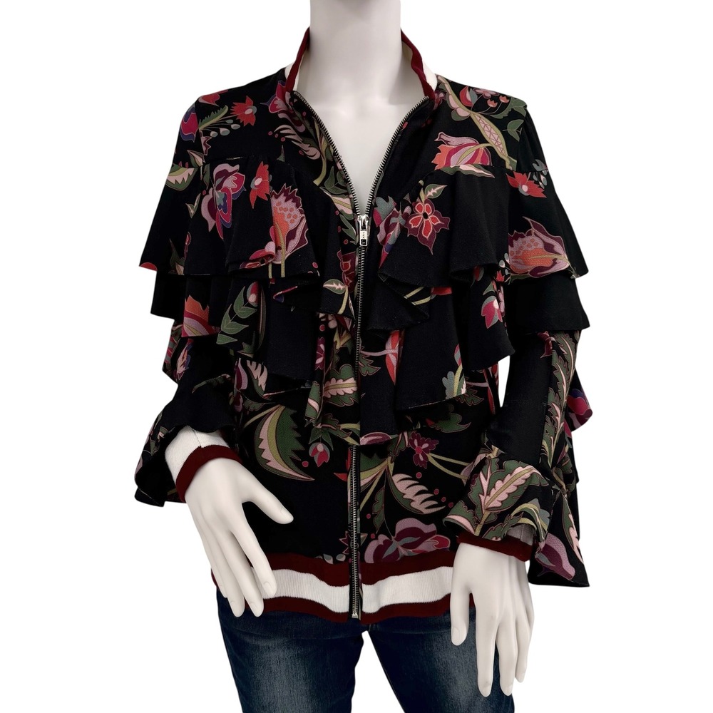 PatBO XS Fiesta Ruffle Sleeve Bomber Jacket Black Floral Tiered Zip Size 2